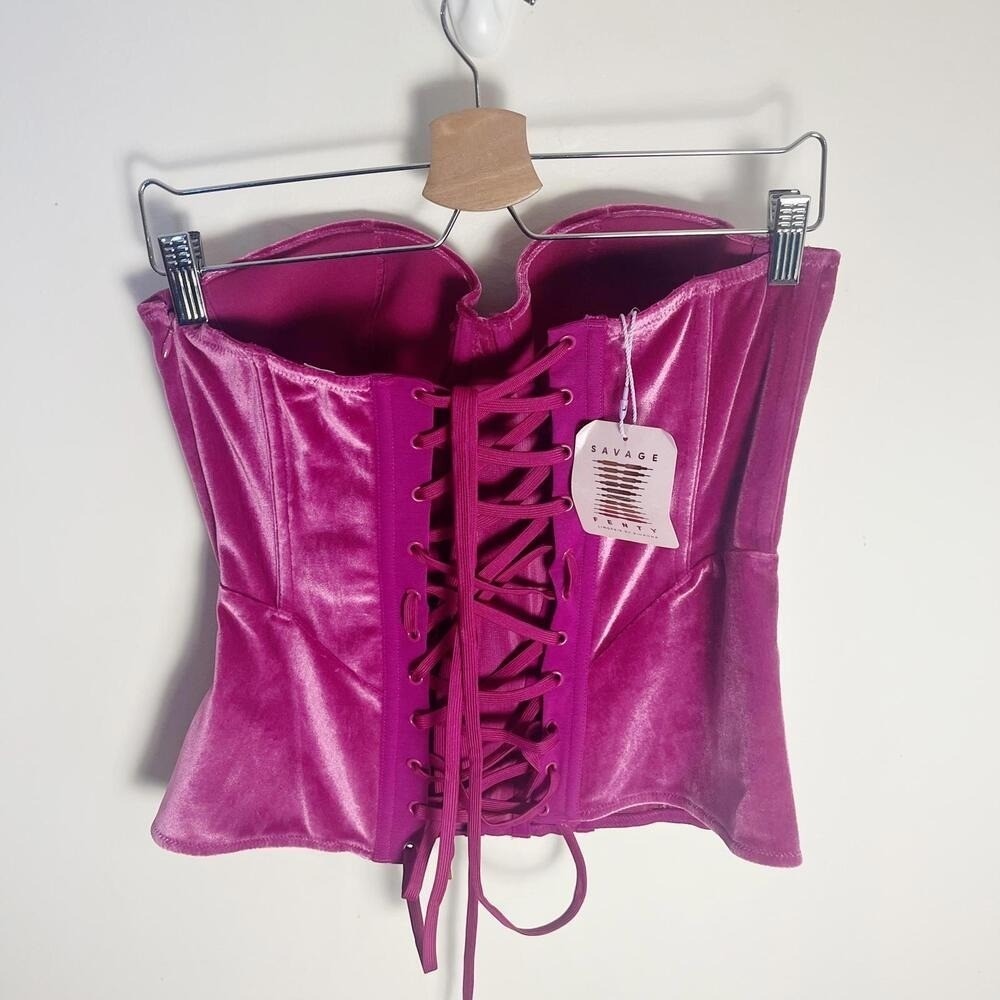 Savage X Fenty Corset Top Womens Large Pink Velvet Strapless Lace Up Boned New - Picture 4 of 7